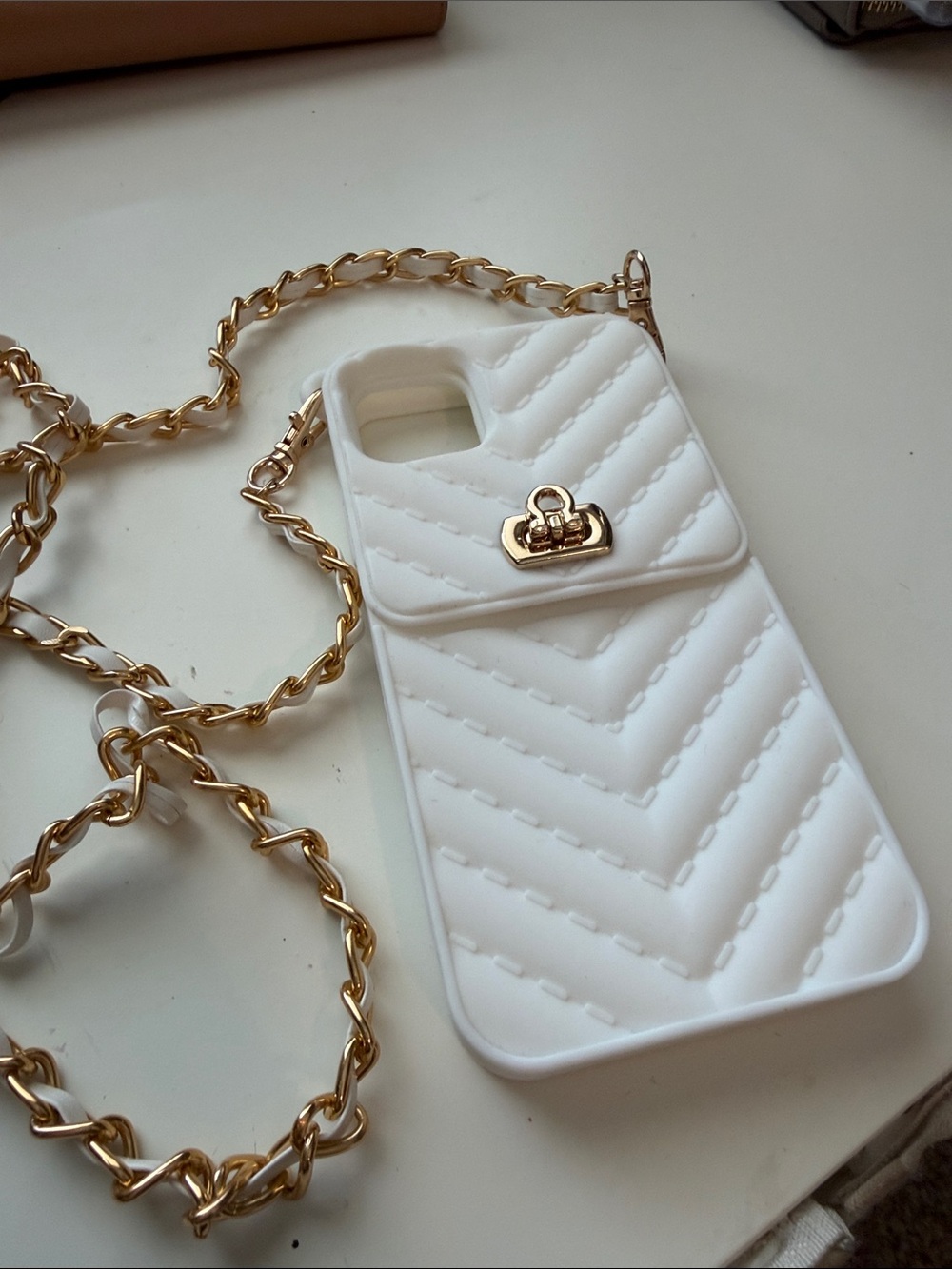 White Quilted Crossbody Phone Case with Gold Chain